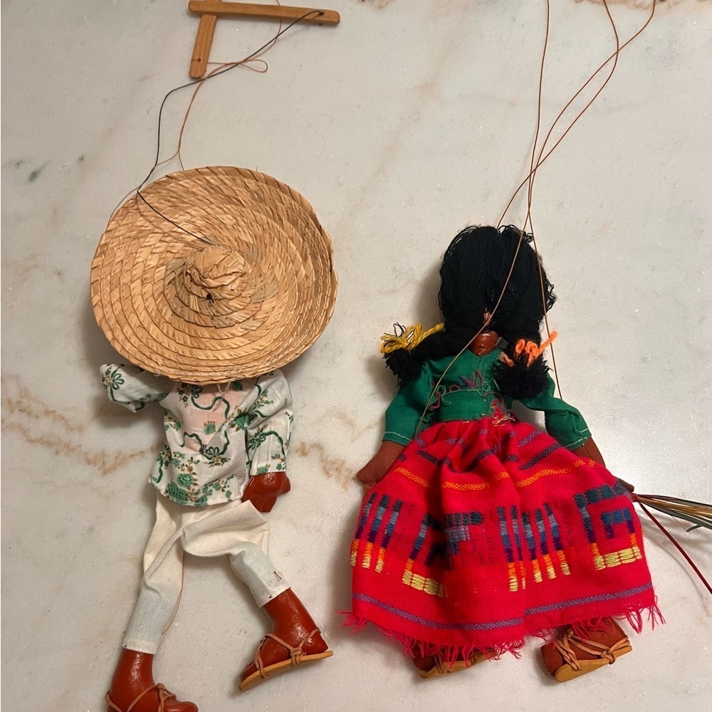 Vintage Mexican Handmade Marionette Folk Art Dolls Lot of 2 Hand Painted Puppets - Picture 2 of 12